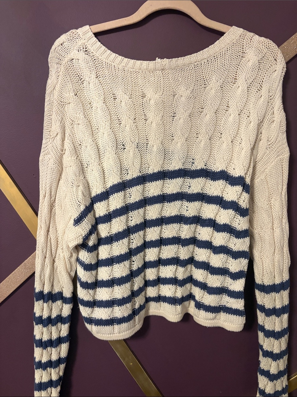 Cream and Navy Striped Cable Knit Sweater